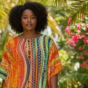 Roper Romp Colorful Orange Multi-Stripe Women's Casual Caftan Maxi Dress